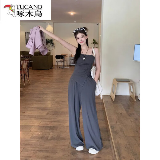 Pájaro carpintero (tucano) Nuevo tamaño de verano de moda y temperamento versátil Protección solar de la camisa suelta que abraza la cintura y los pantalones rectos de las patas anchas y el conjunto de tres piezas L recomendado 100-120 Jin [Jin equivale a 0.5 kg]