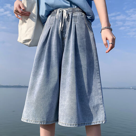 
SuoWANYI (SUOWANYI) denim mid-trousers seven-point over knee five-point loose tight high waist plus size women's fat mm [1585: light blue 5-point over knee (middle) pants] M