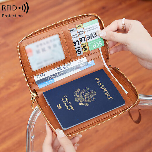 Nuevo nuevo paquete de certificado Cepillado antirrobo Pasaporte Pasaporte Clip Card de identificación de la cremallera Billetera Multifunción Passport de viaje Bolsa Ligera marrón