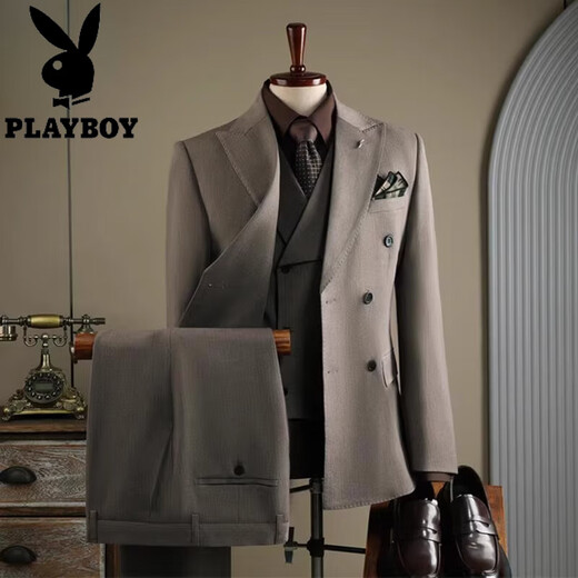 Playboy winter suit men's high-end business formal double-breasted striped suit three-piece groom's wedding dress one button-warm brown three-piece suit 7XL 64
