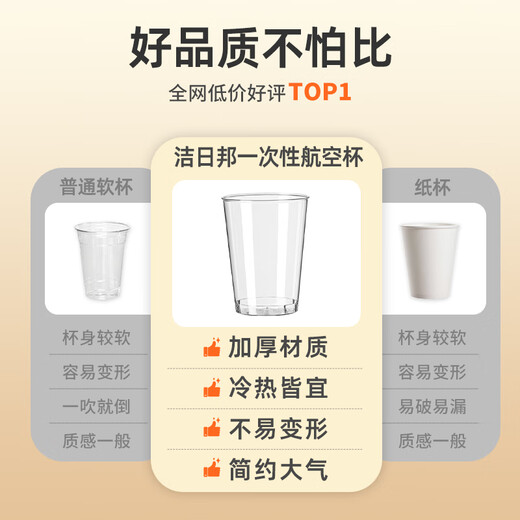 Jielibang Aviation Cup Disposable 420ml*50 Food Grade Transparent Plastic Thickened Home Picnic Beer Drink Space