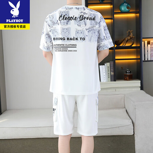 Los nuevos pantalones cortos de manga cortos de Playboy's Summer Products se establecen una camiseta informal coreana, pantalones de cinco cuartos, traje deportivo juvenil de dos piezas, azul 6187-set XL