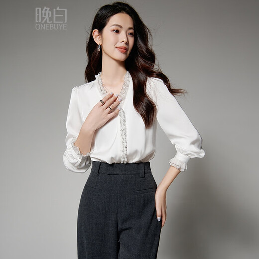 Late White New Product 2025 Autumn Style Elegant Shirt Fashion Lace Collar V-Neck Commuting Shirt Women White XL