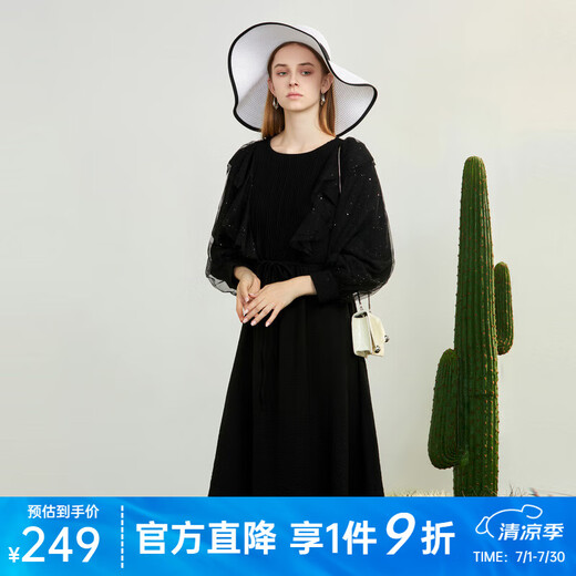S.DEER San Dior Women's Round Neck Accordion Pleated Ruffle Mesh Dress S231Z1278 Black/91 L/170