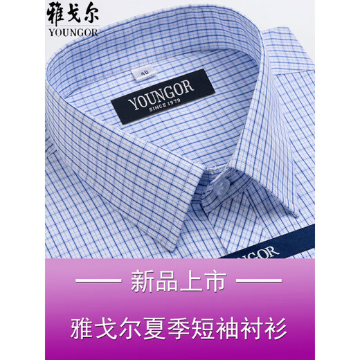雅戈尔旗舰官方店男士短袖衬衫夏季纯棉免烫中年休闲商务职业正装格子衬 蓝色DX6636京东快递 38