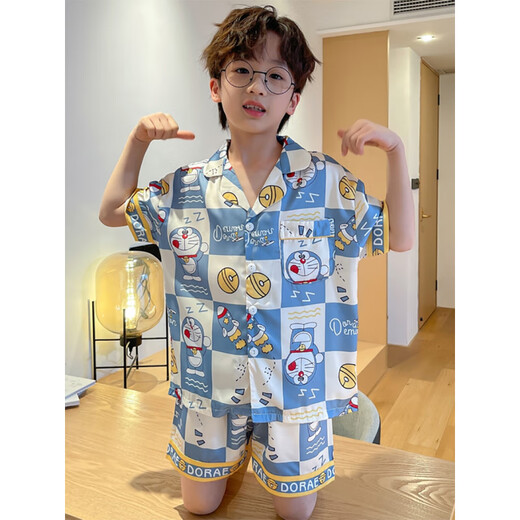 
Mibai cartoon Doraemon ice silk pajamas boy summer short-sleeved shorts children's medium-sized boys' home clothes 1105# Little Monster S 150/75Jin[Jin equals 0.5 kg]