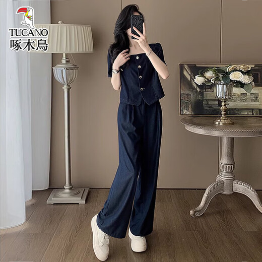 啄木鸟2025夏季穿搭一整套新款时尚休闲套装女显高显瘦高级感阔腿裤两件 深蓝色 两件套 M (100-110斤)