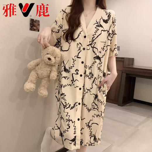 雅鹿带胸垫睡裙女士夏季短袖感复古风睡衣2025新款大码睡袍家居服 YFM_5155#短袖裙 绿色花朵 (带固 M
