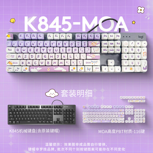 罗技（Logitech）K845机械键盘背光有线键盘 游戏电竞键盘 茶青红轴键盘DIY键帽 办公游戏键鼠套装 全尺寸104键盘 K845-紫色渐变兔键帽 茶轴