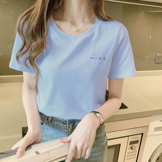 度凡尼斯纯棉短袖t恤女夏季新款韩版宽松显瘦洋气奶杏色正肩国风纯棉短袖t 6172烟熏紫 M(建议80-105斤) 均码