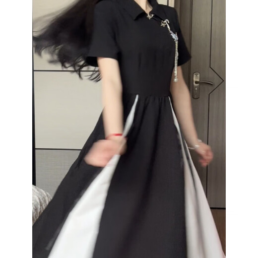 2023年夏季改良旗袍新中式国风拼接连衣裙短袖时尚甜美文艺范长裙 9215黑色 M