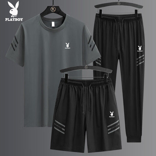Playboy (PLAYBOY) high-end casual sports suit men's summer ice silk thin loose fast drying breathable short sleeve two-three piece set GF1389 black shorts two-piece set 4XL (suitable for 170-185 Jin [Jin equals 0.5 kg])