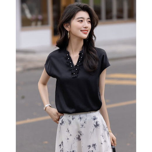 
Demana [Silkly 50D Encrypted Stretch Satin] Summer French Petal Pearl V-neck Shoulder Cover Sleeve Women's Shirt
