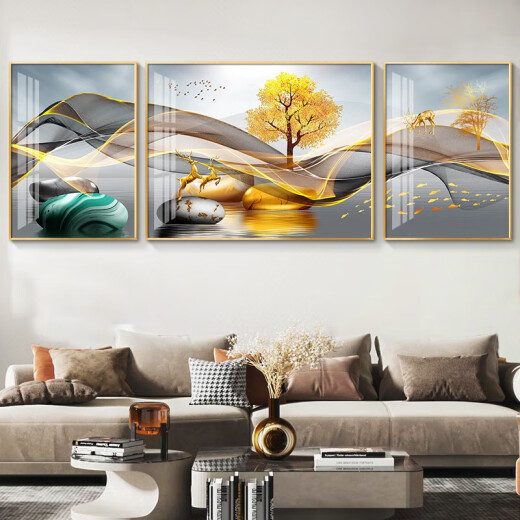 现代简约客厅装饰画沙发背景墙壁画大气轻奢三联画挂画镶钻晶瓷 HJ-3893-一帆风顺 两边70*90中间140*90尊贵黑框镶