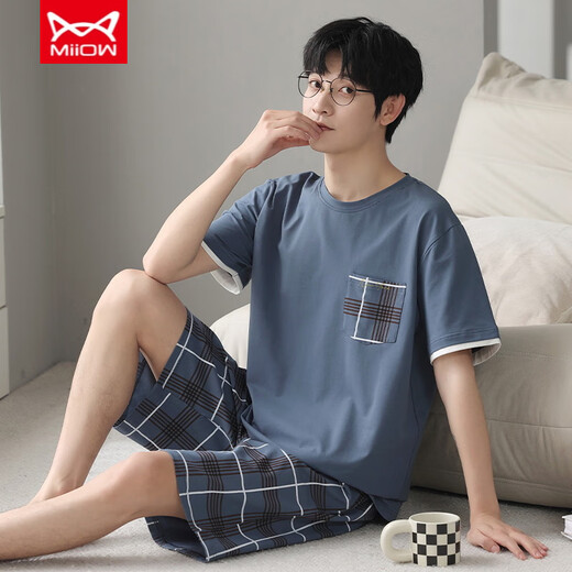 Catman (Miiow) reines Baumwollkurzarmpyjama für den Sommer-Dünnstil von Männern kann außen für Teenage Stripes Herren Home Clothes Lose Summer Style A679 L (empfohlen 115-135 Jin [Jin gleich 0,5 kg]) getragen werden.