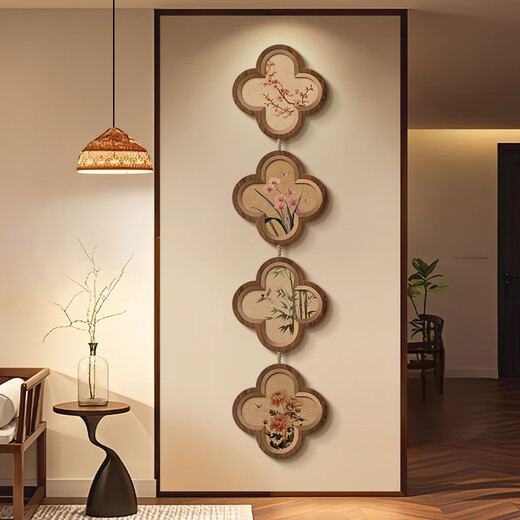 Yujianer Song Dynasty Aesthetic TV Background Wall Painting High-end Porch Decorative Painting Living Room Entrance Door Combination Mural A-Plum, Orchid, Bamboo and Chrysanthemum 30*30/30*30/30*30/30*30cm Creative Art (UV Carving + Crystal Porcelain Craft + Hemp Rope)