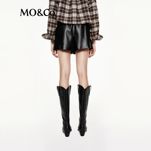 MO&Co. Shorts 2025 Autumn New Product Light Rock Plain Leather Elastic High Waist Loose Black Casual Pants MBE3SOT016 Black S /160