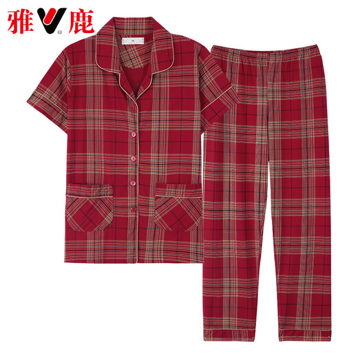 Yalu haut de gamme Plaid d'été pyjamas pyjamas de coton mince pantalon à manches courtes pour femmes Summer Mother Home Clothing Clothing 9923 M -80-95Jin [Jin est égal à 0,5 kg]