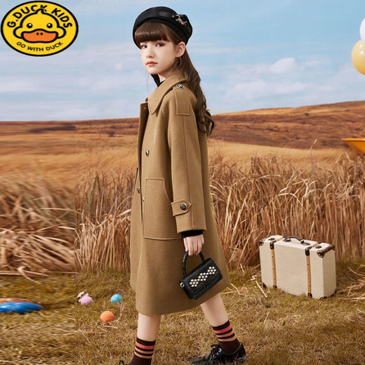 G.DUCKKIDS女童呢子外套加棉儿童毛呢大衣中长款秋冬新款大童洋气女孩学院风 奶茶色夹棉款 130 身高120-125cm年龄7-8岁