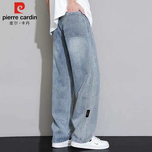 皮尔卡丹（pierre cardin）牛仔裤男夏季薄款潮流复古直筒裤子男宽松阔腿长裤男装 复古蓝 XL