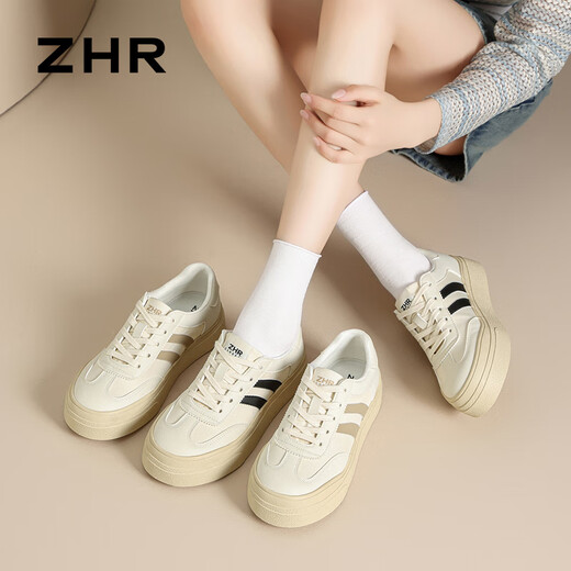 ZHR德训鞋女春秋经典百搭厚底女鞋透气小白鞋女 KS109 米黑 37