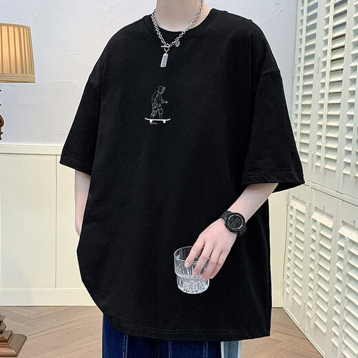 叮噜鱼宽松男士短袖重磅T恤男夏季港风上衣服凉感透气青少年五分半袖男t 3899灰色 L (约140-160斤可穿)