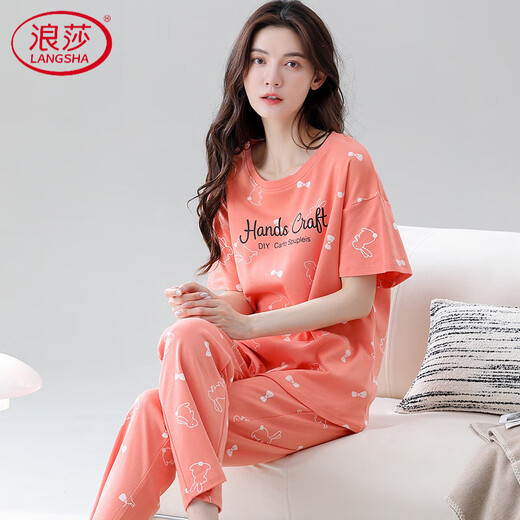 浪莎（LangSha）高档睡衣女纯棉短袖长裤甜美可外穿薄款棉女款家居服套装 Z9711 M 【建议80-100斤穿】