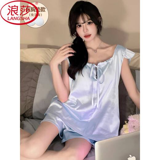 LangSha silk sexy vest sleeveless pajamas women's summer thin style with chest pad sweet home clothing 2025 new style JDX-9227 blue M 80-100Jin [Jin equals 0.5 kg] (with fixed chest pad)