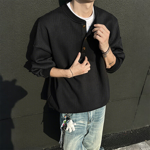 SWAMP AREA Henry collar textured long-sleeved T-shirt for men in spring and autumn layered inner layering shirt SWT607 black XL