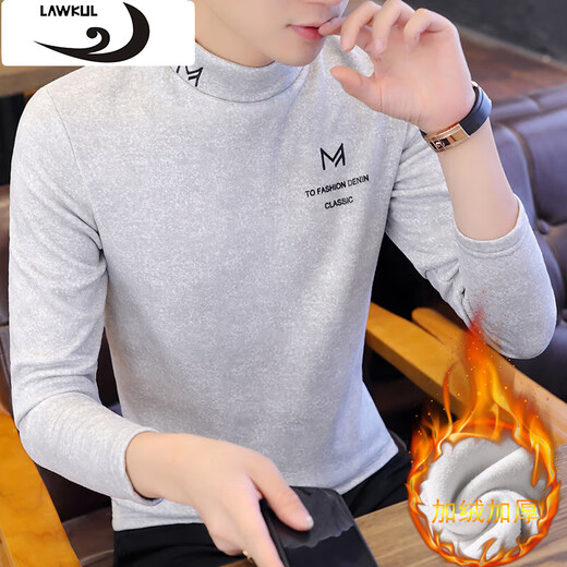 Langgu LAWKUL long-sleeved t-shirt for men in autumn and winter plus velvet and thickened half turtleneck bottoming shirt trendy slim and warm men's top T7151 Khaki XL