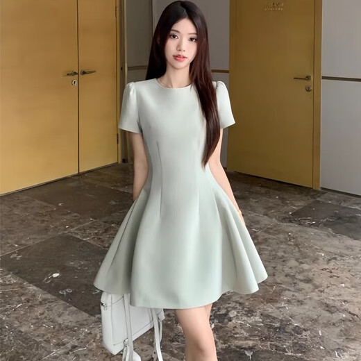 Lan Lianshu French dress skirt for women autumn 2025 new small slim Hepburn style small fragrant skirt French waist short-sleeved dress Green One size fits all Recommended 110Jin Jin is equal to 0.5kg within