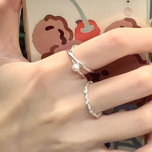 Ye Yu Pearl Ring Women's Niche Design Plain Ring Ring Stackable Temperament Design Fashion Personalized Open Ring Pearl Cross + Thin Chain Hollow Ring 2-piece Set Exquisite Gift Box