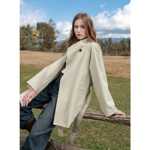 Sancai 2025 Autumn New Stand Collar Windbreaker One Button Belt Silhouette Jacket Casual Temperament M Apricot S 155/80A