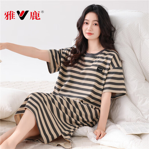 雅鹿2025新款带胸垫睡裙女款夏季纯棉短袖薄款条纹睡衣家居服裙 无胸垫14107 M 160 建议体重80-100斤左右