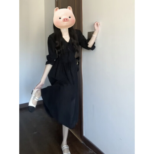 棉致法式赫本风连衣裙女2025年夏季新款高级感独特收腰显瘦茶歇长裙 黑色 M 100-110斤