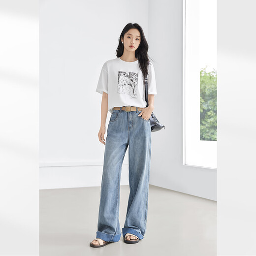 Diálogo Jeans perezoso y relajado con patas anchas para mujeres 2025 Summer Nuevo diseño de estilo Flip pantalones rectos sueltos azul 27