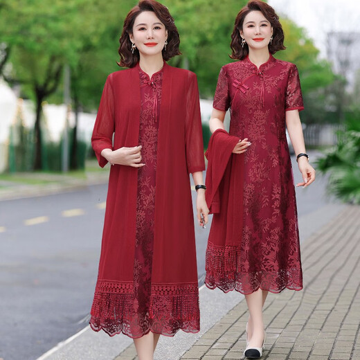 酷章（KUZHANG）喜婆婆婚宴套装妈妈春夏秋连衣裙高贵旗袍裙子新款结婚礼服两件套 9272枣红 两件套连衣裙 M 80-95斤