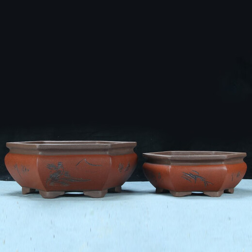 
Six-party engraved purple clay flower pot breathable green plants flowers and ceramic potted large diameter hexagonal bonsai pot 693 small red