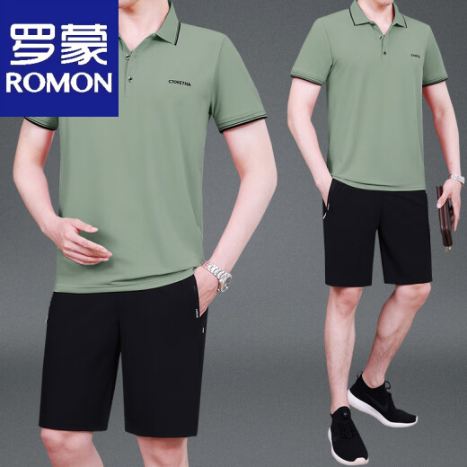 罗蒙夏季款中老年男士爸爸装翻领薄款冰丝短袖短裤宽松运动服套装 691牛仔蓝 L 建议斤----120斤【体恤+裤子】