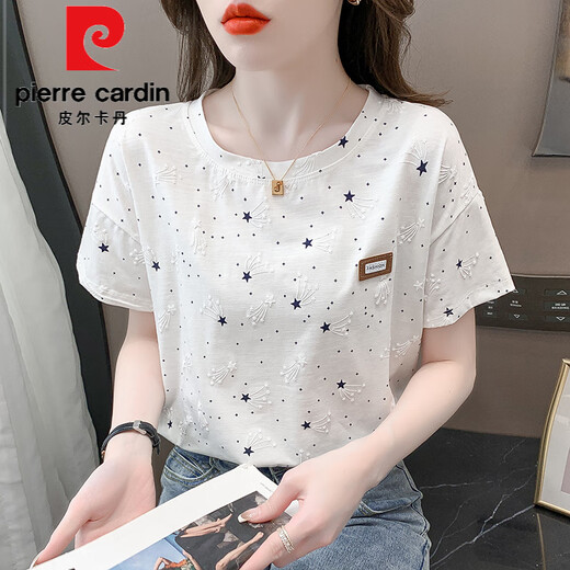Pierre Cardin Camiseta estampada de algodón puro para mujeres Summer de manga corta 2025 Nuevo diseño de estampado suelto Camiseta versátil Tendencia 1396 Blanco + 3121 Flor verde S Adecuado para 80-99Jin [Jin iguala 0.5 kg]