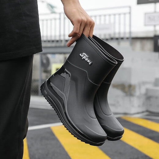 运动型户外雨鞋男中筒防滑防水钓鱼雨靴水靴舒适胶鞋厨房耐磨水鞋 黑色 41