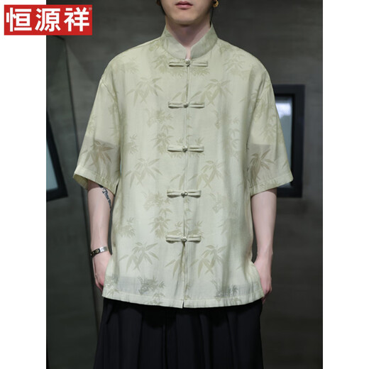 恒源祥夏季轻薄款短袖衬衫新中式古风盘扣唐装男装中国风竹叶上衣中山装 CS9898黑色 M