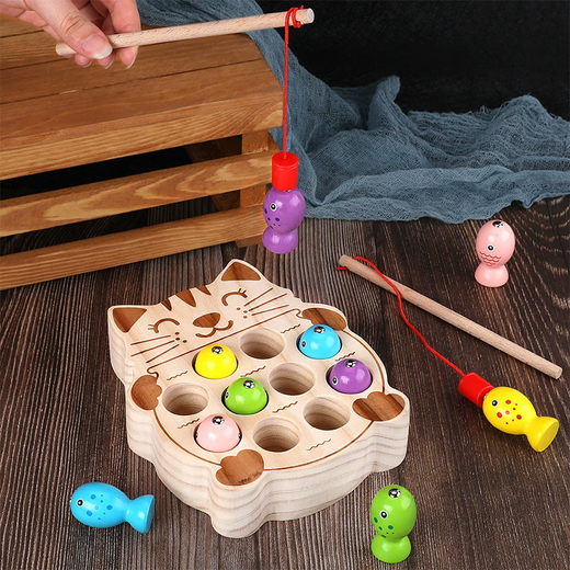 Children's Wooden Toy Magnetic Fishing Baby Baby Infant Concentration Training Early Education Enlightenment Child Birthday Gift Cute Cat Fishing MLD-4