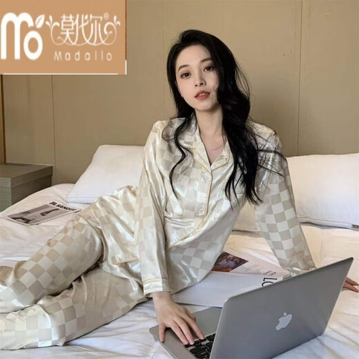 Modal Ice Seide Pyjamas für Frauen im Frühling und Herbst zweiteilig dünne Sommer-Heimkleidung mit 829-weißer Plaid [Langarmhose] M [80-100jin [Jin ist gleich 0,5 kg]]]
