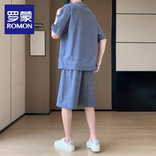 Romon Casual Sports Set hombres 2025 Summer New Cool Cool Silk Fashion Jacquard Camiseta de manga corta Set Men's Dark Grey 2546+826 M 90-105Jin [Jin iguala 0.5 kg]