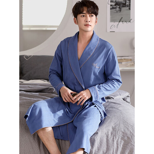 Fengxi Waffle Bathroom Men's Spring and Autumn Pure Cotton Medium-length Men's Nightgown 2025 New Water-absorbing Integrated Yukata LJ16822 M Size [Weight 100-120Jin [Jin equals 0.5 kg]]
