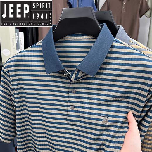 JEEP SPIRIT新款夏季冰丝短袖t恤男士撞色条纹休闲翻领POLO.衫凉感上衣爸爸装 蓝色 GR-9207【冰丝凉感】 M 48 (适合95-115斤)
