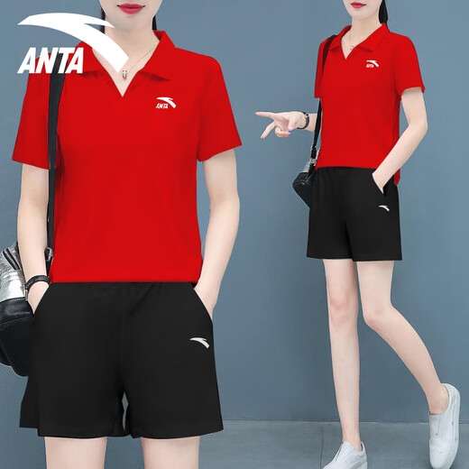 安踏运动套装女2025夏季款冰丝速干短裤跑步健身服宽松短袖t恤两件套 8113-4基础黑【男女同款套装】 M/170