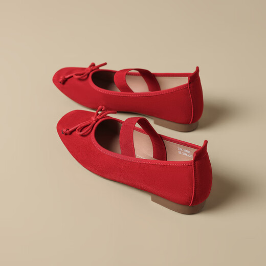 ZHR Single Shoes Frauen Sommertemperament Bow weiche flache Mary Jane Lederschuhe Frauen flacher Mund Ballet Frauenschuhe AH683 rot 39
