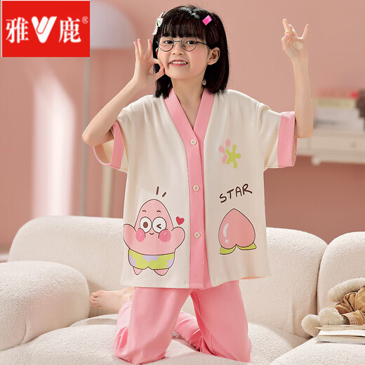 
Yalu children's pajamas girls summer cotton short-sleeved trousers thin spring and autumn girls cartoon medium-sized children's home clothes set Lively pig-1283 cotton girl 170 size 8 (height 95-105CM)